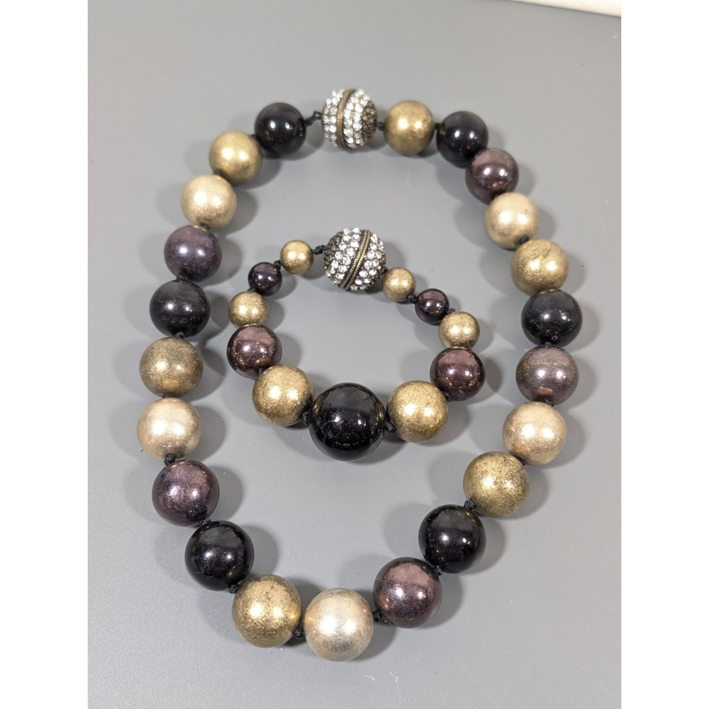 Bronze Tone Black Bead Chunky Magnetic Clasp Rhinestone Necklace Bracelet Set
